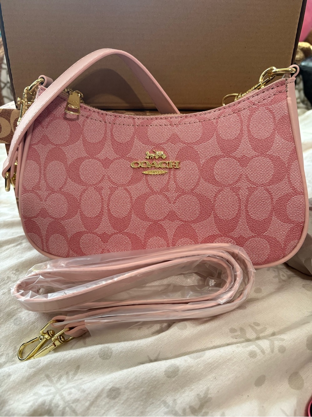 Coach Pink Signature Logo Shoulder Bag with Gold Hardware